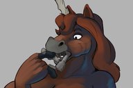 drawing nude vore furry anthro color large_breasts unicorn horse shrunken_man inside_mouth pushing imminent_vore struggling t-bone robomax
