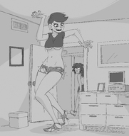 drawing growth monochrome large_breasts short_hair mini_giantess looking_down ripped_clothing cramped bare_midriff homer-rier