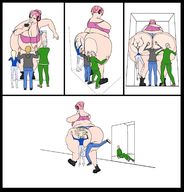 drawing giantess comic butt_crush pink_hair mini_giantess bbw small_space elevator between_buttcheeks huge_butt smallbutsharp