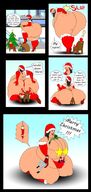 drawing black_hair long_hair butt_crush huge_breasts smiling mini_giantess sitting indoors santa_claus big_butt thick_thighs skimpy_clothing smallbutsharp