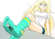 drawing blonde large_breasts long_hair smiling socks shrunken_man looking_down legs_crossed stuck_to_foot no_background