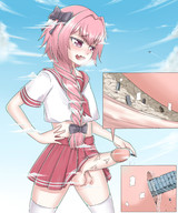 drawing giga color giant penis skirt buildings cock_vore pink_hair crossdressing internal_view no_background urethra_insertion urethra miaokong astolfo