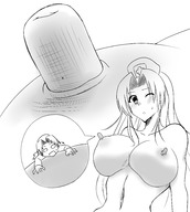 drawing micro blushing monochrome long_hair sweat shrunken_woman looking_down hanging_on on_nipple nurse_hat