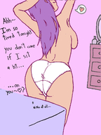 drawing panties color butt bed purple_hair shrunken_person indoors dialogue tinyeder