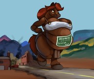 drawing giantess vore furry anthro color large_breasts destruction cleavage buildings green_eyes smiling red_hair horse bbw town walking mountains vehicles smoke sky t-bone implied_vore skimpy_clothing robomax makeshift_clothing mass_vore