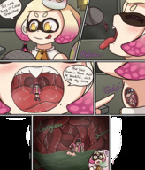 drawing vore comic tongue saliva short_hair open_mouth burp dialogue panels microphone throat_bulge splatoon callie_calamari pearl_(splatoon)