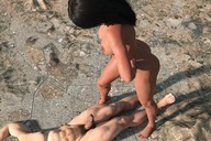 giantess nude giga black_hair long_hair giant male penis sex couple muscles looking_down hands_on_hips digital_render