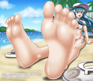 drawing sleeping long_hair beach toes barefoot soles blue_hair smiling sitting shrunken_woman between_toes outdoors hat micromike discarded_footwear