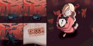 drawing giantess city blonde comic long_hair clothed barefoot demon foot_crush unaware looking_back stuck_to_foot svenyatta hazbin_hotel charlie_(hazbin_hotel) charlie_morningstar