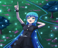 drawing gentle giantess blushing color large_breasts long_hair blue_eyes clothed skirt blue_hair lying_down uniform river outdoors trees meadow commission pointing on_chest thedaibijin stargazing johntennantgts