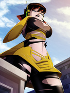 breasts drawing giantess mega upskirt color large_breasts butt blue_eyes buildings brunette low_angle gloves navel underboob open_mouth avengers outdoors ripped_clothing inside_clothing superheroine anon janet_van_dyne marvel_comics skintight_clothing ravenravenraven the_wasp looking_at_tinies between_breasts avengers_earths_mightiest_heroes