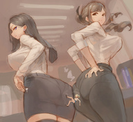 drawing black_hair large_breasts long_hair clothed brunette indoors looking_back big_butt office_lady kazo