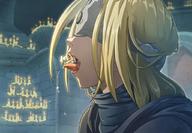 drawing vore blonde color tongue open_mouth videogame blindfold dark_souls fire_keeper martyz_art
