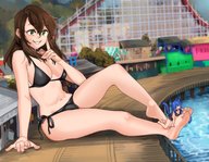 bikini drawing gentle giantess color barefoot green_eyes blue_hair brunette cat_girl on_foot giantesssabs giruteacafe bluge trans