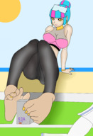 drawing city large_breasts toes barefoot cleavage buildings soles blue_hair sitting looking_down outdoors choker rings earrings bracelet hair_bun neolifeless