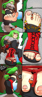 drawing feet comic color red_eyes sweat low_angle green_hair foot_crush unaware shrunken_man entrapment outdoors smothering dialogue mspaintgts trisha zander