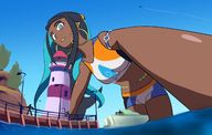 drawing giantess pokemon black_hair long_hair crawling lighthouse dark_skin hoop_earrings feyzer bare_midriff nessa_(pokemon)