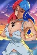 drawing giantess color long_hair clothed huge_breasts open_mouth outdoors squeezing bryan_lobdell heterochromia looking_at_tiny multicolored_hair between_breasts