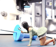 black_hair long_hair clothed crawling shrunken_woman indoors magnifying_glass flip_flops jetslasher microscope digital_render