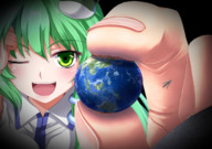 drawing giantess giga long_hair destruction planet touhou smiling green_hair pinched one_eye_closed