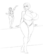 bikini drawing monochrome long_hair huge_breasts short_hair mini_giantess muscles looking_back scar pointed_ears animalautumn
