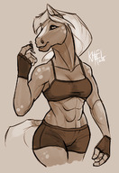 drawing furry anthro monochrome clothed handheld bra finger horse muscles shorts abs dangle looking_at_tiny khael