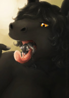 drawing nude vore furry cat anthro black_hair color tongue cleavage saliva horse shrunken_man open_mouth inside_mouth imminent_vore themirth