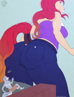 drawing furry anthro dog color long_hair butt clothed butt_crush husky red_hair horse unaware shrunken_man imminent_crush sitting_on_tiny keedot