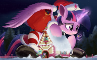drawing gentle giantess tail size_difference color clothed purple_hair purple_eyes christmas tree green_hair sitting snow hooves houses santa_costume book reading purple_skin my_little_pony horn twilight_sparkle presents green_skin multicolored_hair snowman lyra_heartstrings starlight_glimmer spike_(my_little_pony) ncmares yohomeboync yohomeboyraps