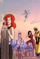 breasts drawing giantess white_hair wings mega blonde black_hair color large_breasts cleavage buildings gloves asian red_hair boots airplane reaching skyscraper giantesses mask leaning crouching freckles costume top new_york_city jumpsuit empire_state_building mary_jane black_cat yellowjacket spider-man marvel_comics the_wasp beetle bare_midriff caiman2 earth_20052 felicia_hardy red_wasp flight anne_weying silver_sable gigantic silver_mantis yuri_watanabe