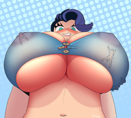 drawing blushing large_breasts long_hair cleavage purple_hair smiling underboob inside_clothing no_background bare_midriff