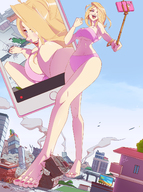 breasts drawing giantess panties blushing city blonde color long_hair destruction rampage bra buildings underwear smiling underboob phone walking laughing outdoors hoop_earrings angelgts selfie_stick