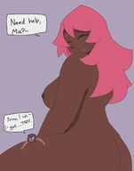 drawing nude large_breasts long_hair climbing smiling pink_hair sitting shrunken_woman closed_eyes dialogue no_background sihagen