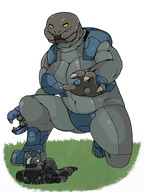 drawing furry anthro alien color large_breasts armor clothed military smiling scared lying_down unknown_artist weapon reaching shrunken_man open_mouth grabbing crouching scalie thick_thighs looking_at_tiny skintight_clothing halo_(game) sangheili