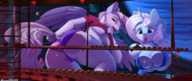 drawing giantess white_hair panties furry blushing tail wings anthro space color large_breasts long_hair tongue butt destruction blue_eyes planet cleavage bra red_eyes fang unicorn moon underboob blue_skin lesbians teasing looking_down giantesses thighs looking_back purple_skin my_little_pony lifting_shirt space_station horn multicolored_hair bare_legs cracked_glass bare_midriff looking_at_tinies discordthege sticking_out_tongue