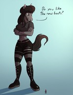 drawing furry anthro color clothed text horse shrunken_man goth skimpy_clothing looking_at_tiny bare_midriff bobjone123