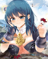 breasts drawing giantess blushing color long_hair blue_eyes clothed crossover handheld blue_hair breast_crush outdoors fire_emblem cuphead alice-magic super_smash_bros._ultimate super_smash_bros. byleth_(fire_emblem) percentage terry_bogard erdrick