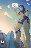 drawing white_hair city large_breasts long_hair buildings smiling muscles outdoors waving ripped_clothing sihagen