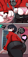 drawing panties comic black_hair color large_breasts butt clothed glasses jeans low_angle unaware shrunken_woman entrapment dressing june smothering inside_clothing dialogue panty_entrapment mspaintgts par