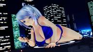 bikini gentle giantess city blue_eyes handheld cleavage lying_down looking_at_tiny digital_render desu-of-hakurei