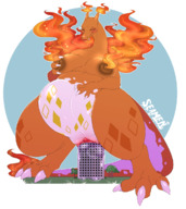 drawing giantess pokemon insertion pussy furry horns anthro color cum huge_breasts building_sex fire dripping closed_eyes commission scalie thick_thighs charizard dynamax seamen knoem chari-gal gigantamax