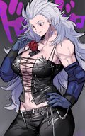 drawing gentle color large_breasts clothed cleavage anime red_eyes muscles shrunken_man trapped mask leather corset jewelry grey_hair looking_at_tiny between_breasts suurin ksyaro dorohedoro shin_(dorohedoro) noi_(dorohedoro)
