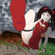 drawing giantess black_hair color destruction clothed anime red_eyes unknown_artist pigtails bottle fangs storm drunk shoe_crush lightning raised_foot bat_wings great_wall_of_china chinese_dress corona-chan