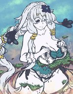 drawing giantess white_hair color long_hair destruction breast_crush floating_islands white_skin embernaga