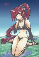 giantess giga city large_breasts long_hair destruction cleavage smiling red_hair ponytail kneeling looking_down embernaga