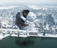 giantess collage city long_hair clothed buildings smiling snow hugging outdoors winter snowman chainorchid