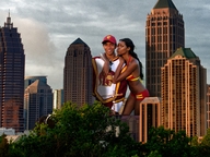 giantess collage city black_hair long_hair giant male clothed buildings smiling couple dark_skin outdoors pursed_lips chainorchid
