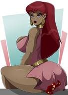 breasts drawing giantess mega color large_breasts long_hair butt blue_eyes butt_crush giganta red_hair ponytail dress looking_down mask costume looking_back earrings belt justice_league flash thick_thighs no_background looking_at_tiny dc_comics bare_legs the_flash sonson_sensei