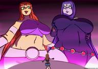 breasts drawing giantess alien blonde color long_hair butt clothed skirt green_eyes purple_hair huge_breasts purple_eyes smiling raven teen_titans red_hair starfire looking_down giantesses xanafar top belt leotard squeezing no_background dc_comics biting_lip orange_skin grey_skin cupping_breasts bare_midriff terra_(teen_titans)