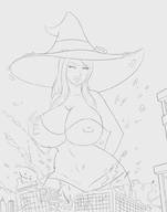 drawing giantess monochrome long_hair destruction buildings huge_breasts smiling looking_down outdoors thick_thighs no_background witch_hat bare_midriff